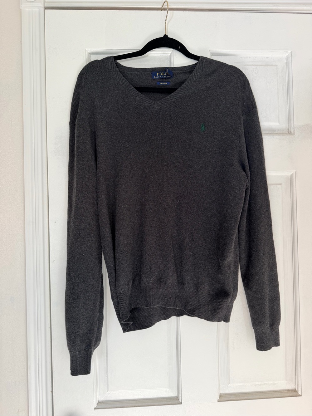 Ralph Lauren Charcoal V-Neck Pima Cotton Sweater with Green Pony